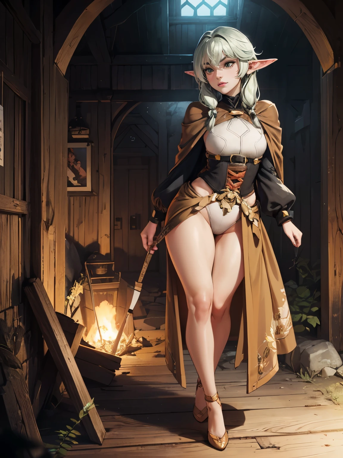 ((masterpiece)), (best quality),, official art, extremely detailed CG unity 8k wallpaper, highly detailed, shiny skin, Depth of field, vivid color,, 1girl, (curvy:1.0), (full body:0.8), portrait sophie mudd, casual pose, gorgeous young model, cute young woman, a beautiful -aged girl, very pretty model, young , cute young girl, beautiful young girl, beautiful model, long light green hair, young and cute girl, girl, High Elf Archer, Goblin slayer anime, High Elf Archer from anime, anime, wearing brown cape, holding BOW in her hand, bow is on her back, stack of arrows, archer, shy, short, full body view, single person, only single person in image, fullbody view