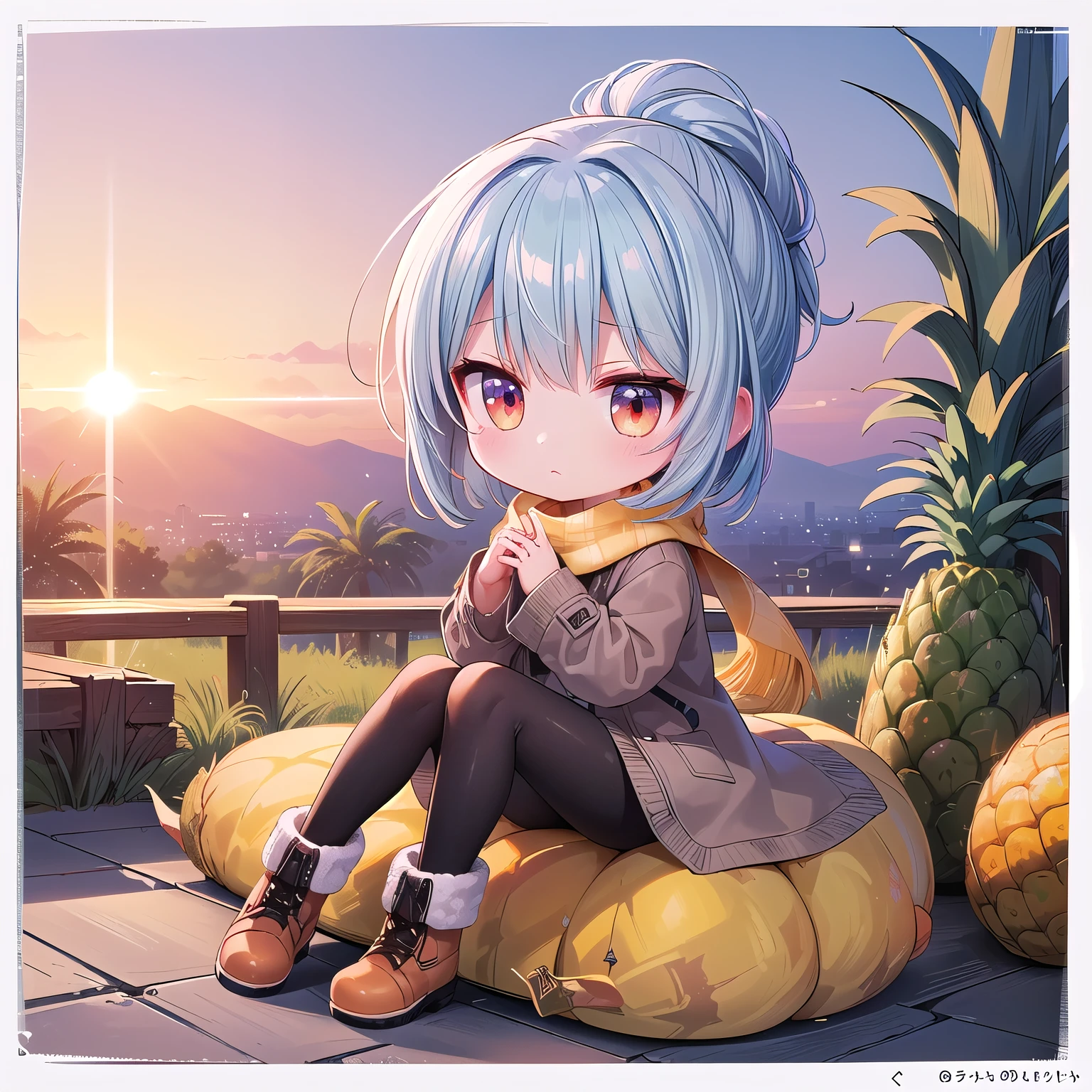 (Chibi, Pineapple, one girl: 1.4), (Masterpiece, almond-shaped eyes, glossy white-blue hair, short chignon hair, top quality, carefully drawn fingertips, beautiful anatomy,full body : 1.4), (Tasteful Colored pencil hand-drawn picture: 1.3), (Red cheeks, indifference, no expression, hair blowing in the wind: 1.2), (Slim and warm clothes, fluffy sweater,long skirt,scarf,down long coat, tights,warm boots,Celebrity Lifestyle: 1.2), (Elegant night,sit, sunrise: 1.3), (Chibi infiltrates mysterious places ,pineapple underground city, ecosystems coexist:1.1)