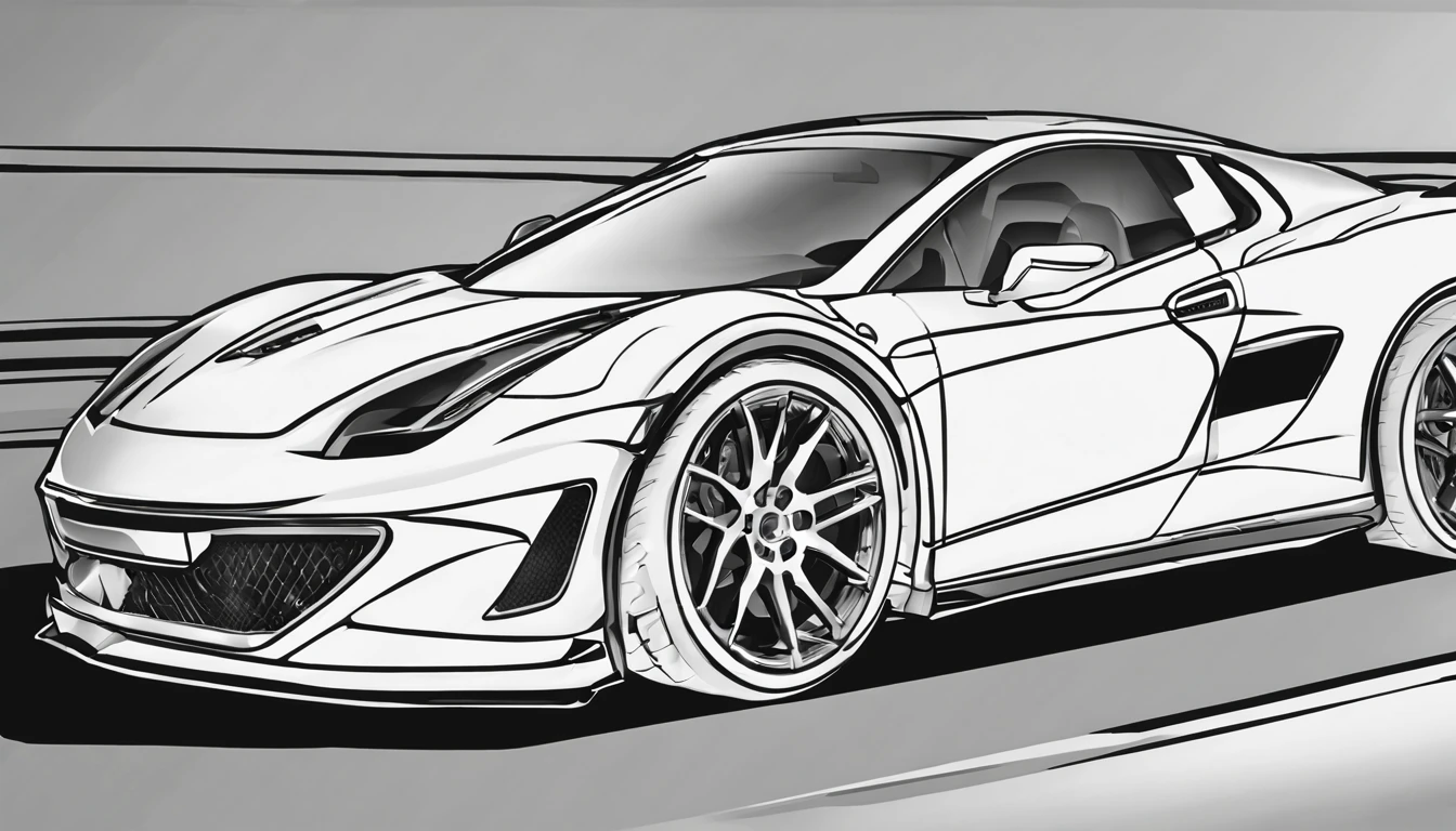 coloring book of a sports car in line art style, 100% white background, only strokes