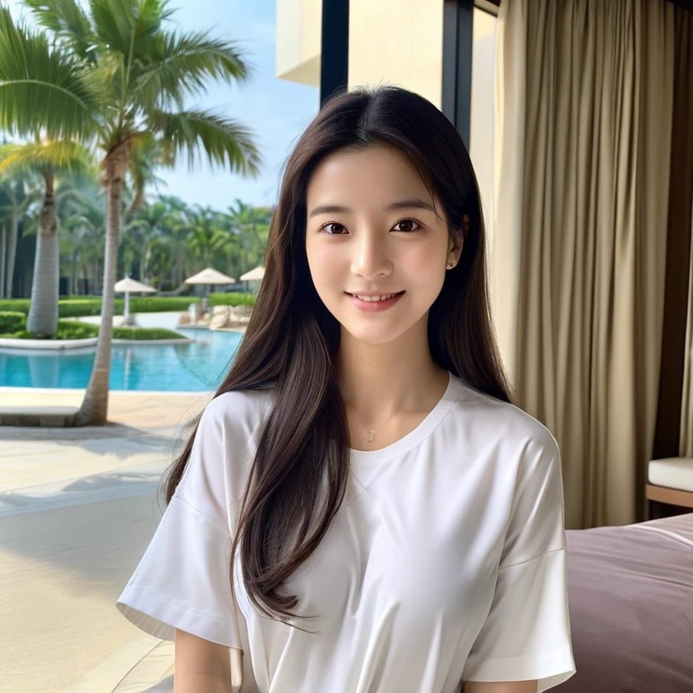 face like kim tae hee、looking at the viewer、spoiled look、Smiling a little、luxury resort hotel、a 19 years old girl、wearing a white oversized shirt、E cup breast bulge、