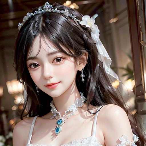 highest quality, ultra nothing, realistic, Photo of one beautiful woman, detailed face, Beautiful black hair, (detailed porcelain dolls,white dress with detailed details), Mansion Pool, (Beautiful style from the neck up), fascinating look, looking at the viewer, happy smile, Bright lighting,