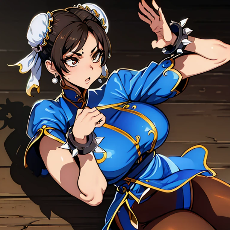 Chun Li, 40_years_viejo, Mujer de aspecto maduro, mqmf, (1 chica), Solo:1.4, (in a blue and gviejo qipao_bordado posando para una foto, escote, Brown leggings, taparrabo) retrato de Chun-Li, (Brown_ojos, corto_cabello, Brown_cabello, Doble_bien), oppai, proporciones de oppai, Anime hiperrealista, diosa japonesa, muy detallado, Grande_senos, escote, nipple contour, piel brillante, Cuerpo perfecto, cara perfecta, figura completa hiperrealista