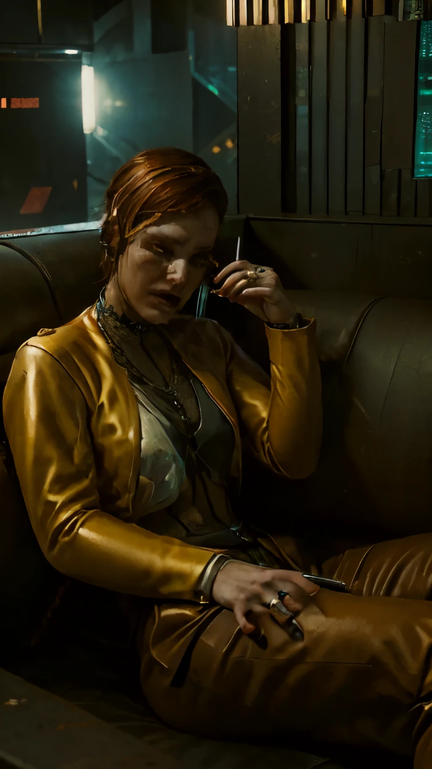 sad rich bussiness female cyberpunk, drinking whisky on a leather sofa, low light, crying, paiting, rain, cyberpunk city