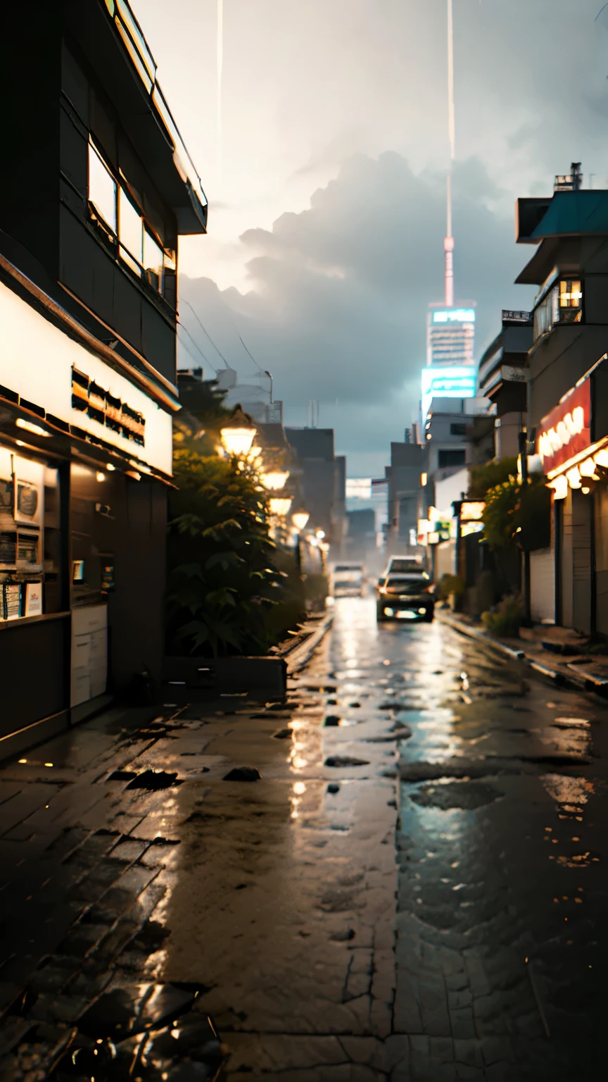 realistic background, anime wallpaper, anime scene, anime scenery, anime style, anime vibe, anime, japan, high details, best quality, masterpiece, tiny details, high detail, many details, sparkle, super detail, narrow japanese urban street, japanese shop signs, japanese signs, japanese banners, banners, plant pots, plants, trees, grass, cobble path, trash cans, nigh time, dark, street lights,, (realistic,photorealistic:1.37), narrow anime street, urban, compact, japanese convience store, glass windows, shop signs, billboards, street lights, street lamps, night time, dark, midnight, (best quality,4k,8k,highres,masterpiece:1.2),ultra-detailed, lofi, lofi vibe, lofi stlye, night time, dark, dramatic weather, raining, heavy rain, puddles, rain drops, modern japanese architecture, no one in sight, (no one: 1), Conceptual art, anime, anime style, sparkle, glowing light, reflection light, cinematic lighting, UHD, masterpiece, super detail, high details, high quality, best quality, highres