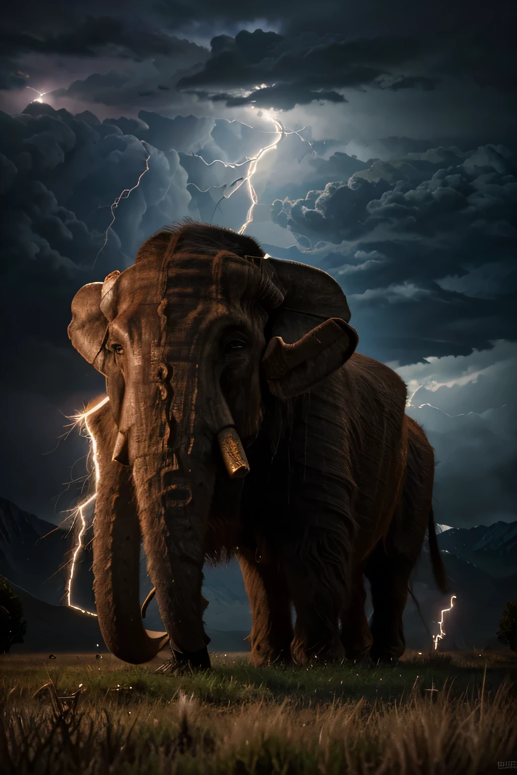 (melhor qualidade,4k,high resolution,obra de arte:1.2),ultra-detalhado,surrealista:1.37,dramatic lighting,cinematographic,fundo de campo aberto com ((Mammoth all covered in lightning and thunder)),HDR