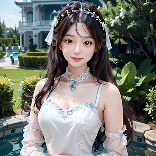 highest quality, ultra nothing, realistic, Photo of one beautiful woman, detailed face, Beautiful black hair, (detailed porcelain dolls,white dress with detailed details), Mansion Pool, (Beautiful style from the neck up), fascinating look, looking at the viewer, happy smile, Bright lighting, 10 years old