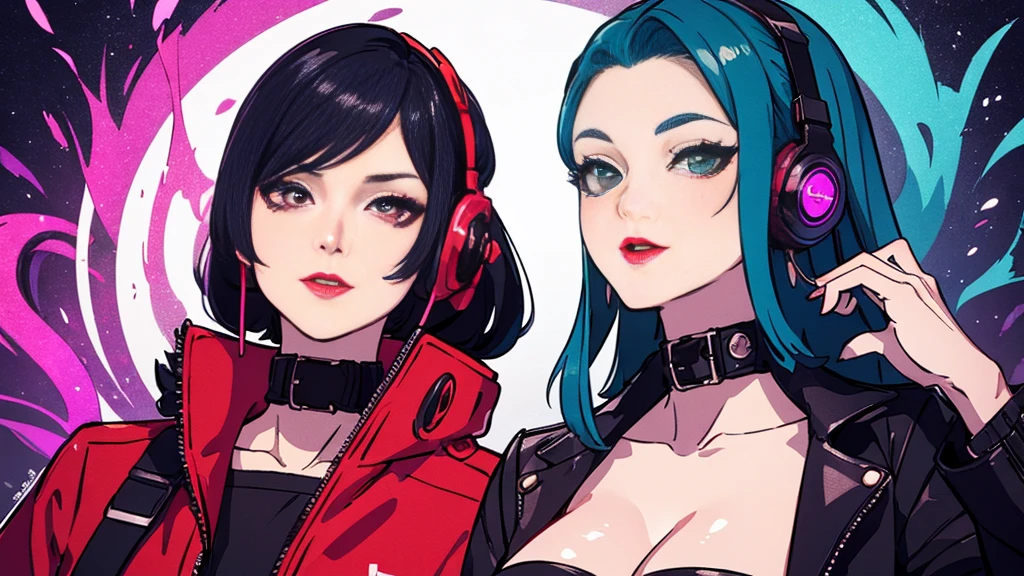 A young and very sexy and beautiful adult woman with large green eyes, long Blue hair and heavily inspired in cyberpunk art. Impeccably make up with red lipstick, dark eyeshadow accentuating her bright eyes. She's dressed in an open jacket that's slightly oversized, wearing a top covering her ample bosom. Sporting large, colorful headphones, she giving a side look tô the camera. The background is a vibrant water like setting with various multicolored light effects. Cinematic light, she is happy and enjoyng it