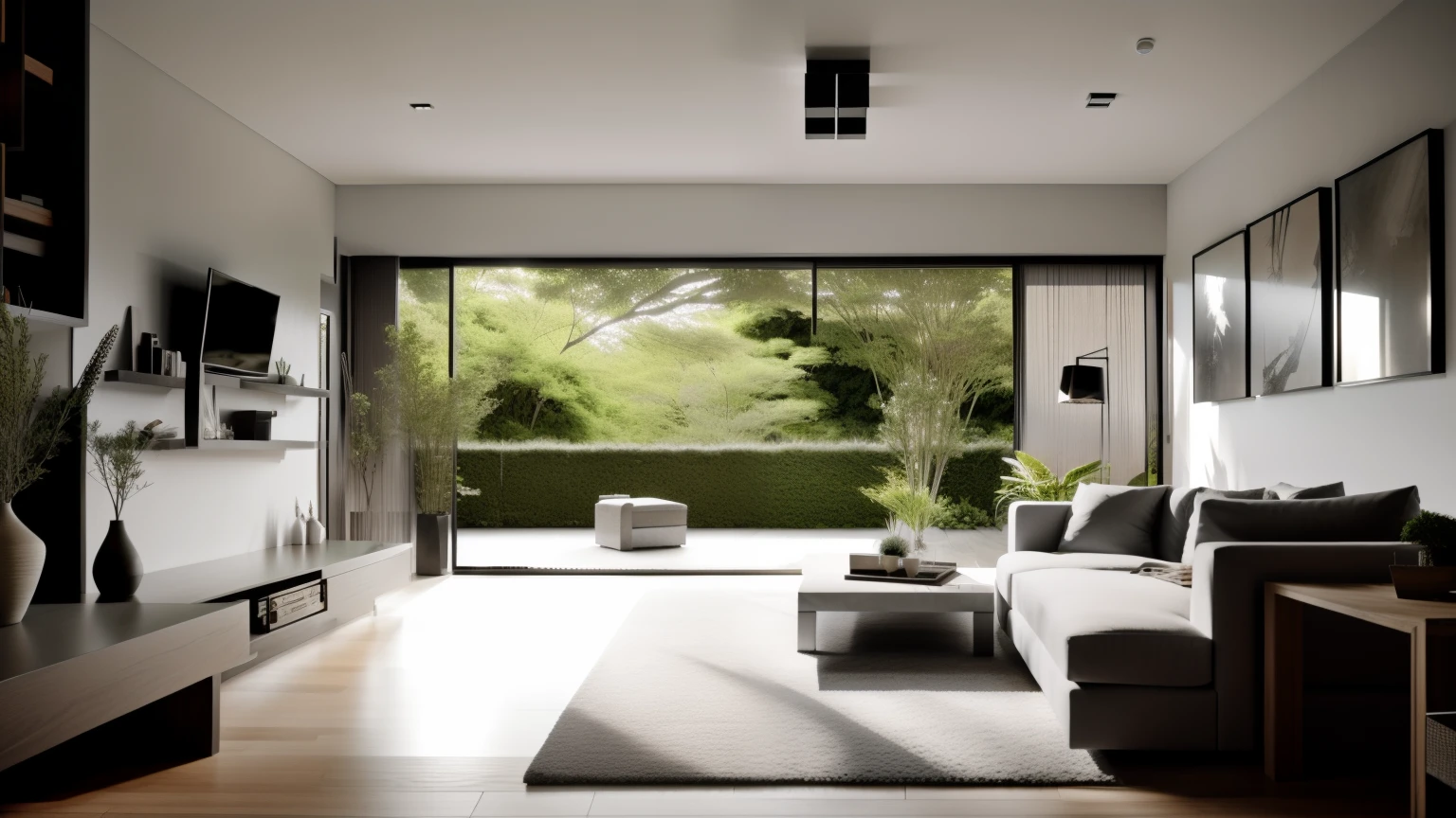 Design de interiores, fotografia de arquitetura de grande angular incrivelmente detalhada, cozy contemporary living room (luz solar quente e brilhante 1: 0,1), award-winning contemporary interior design, scenecy, mesa, cadeira, dentro de casa, piso de madeira, janela, restaurante, east asian east asian architecture, portas de correr, lamp, arquitetura, floresta, natureza, copa, planta, DESIGN DE INTERIORES, luzes e sombras interessantes, profundidade de campo, pouca luz, ,jean nouve. salvador dal. burle marx