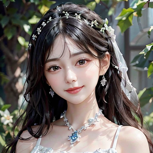 highest quality, ultra nothing, realistic, Photo of one beautiful woman, detailed face, Beautiful black hair, (detailed porcelain dolls,white dress with detailed details), Mansion Pool, (Beautiful photo from the neck up), fascinating look, looking at the viewer, happy smile, Bright lighting, 