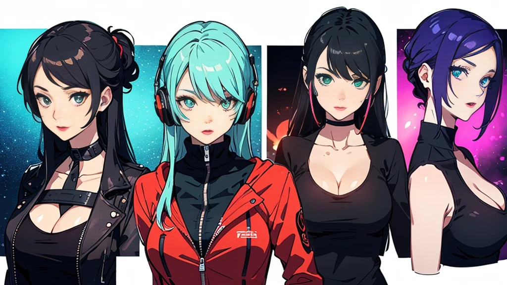 A young and very sexy and beautiful adult woman with large green eyes, long Blue hair and heavily inspired in cyberpunk art. Impeccably make up with red lipstick, dark eyeshadow accentuating her bright eyes. She's dressed in an open jacket that's slightly oversized, wearing a top covering her ample bosom. Sporting large, colorful headphones, she giving a side look tô the camera. The background is a vibrant water like setting with various multicolored light effects. Cinematic light, she is happy and enjoyng it