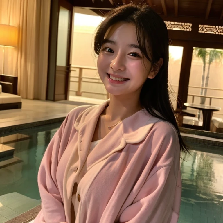 face like kim tae hee、looking at the viewer、spoiled look、Smiling a little、luxury resort hotel、16 year old girl、After taking a bath、Wearing oversized clothes、E cup breast bulge、night