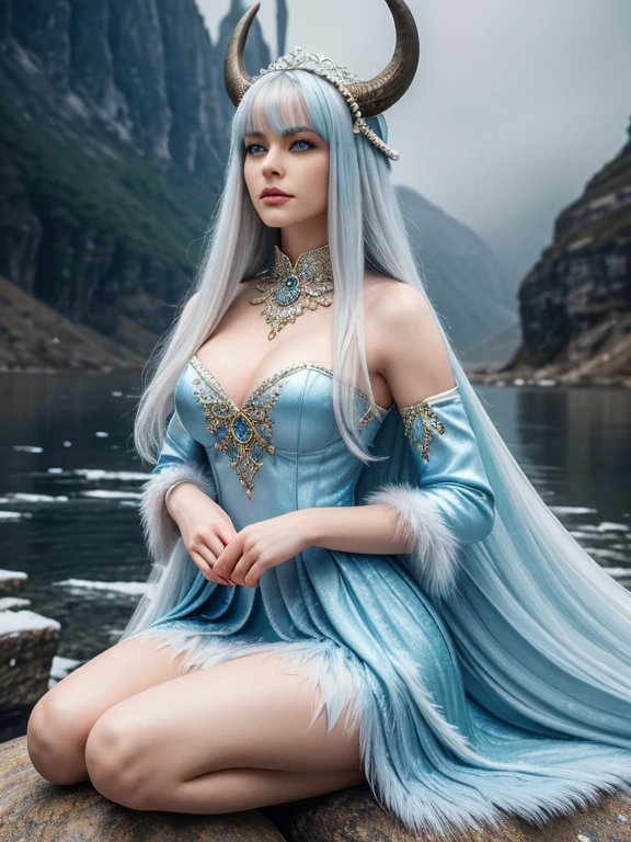 Photorealistic, full body, a figure resembling a woman with fantastic features. She is pale blue, with long, straight white hair. On his head he has a large, shell-shaped ornament or a helmet with a shell pattern resembling natural forms such as horns or shells. On the back of her head she has a huge round ornament, richly decorated. Her eyes are eye-catching, large and appear to have an icy blue iris. Her face has refined features and her lips are slightly pursed. She sits flat on a rock with her knee drawn up in an elegant, flowing pose, with her hands gently resting on her knee. Her outfit is detailed and ornate, looking like a light fur coat or winter dress, with elements that resemble feathers decorating her collar and sides. The background is misty, with an implied water or ice landscape, giving the entire image an ethereal and mysterious feel. The character can be interpreted as a queen or warrior from another world or dimension.