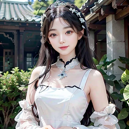 highest quality, ultra nothing, realistic, Photo of one beautiful woman, detailed face, Beautiful black hair, (detailed porcelain dolls,white dress with detailed details), Mansion Pool, (Beautiful style from the chest up), fascinating look, looking at the viewer, happy smile, Bright lighting, 10 years old