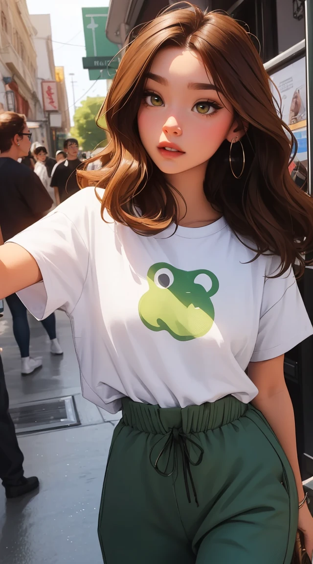 Girl with long brown hair green brown eyes clothes green pants yellow t-shirt and gray pants and earrings