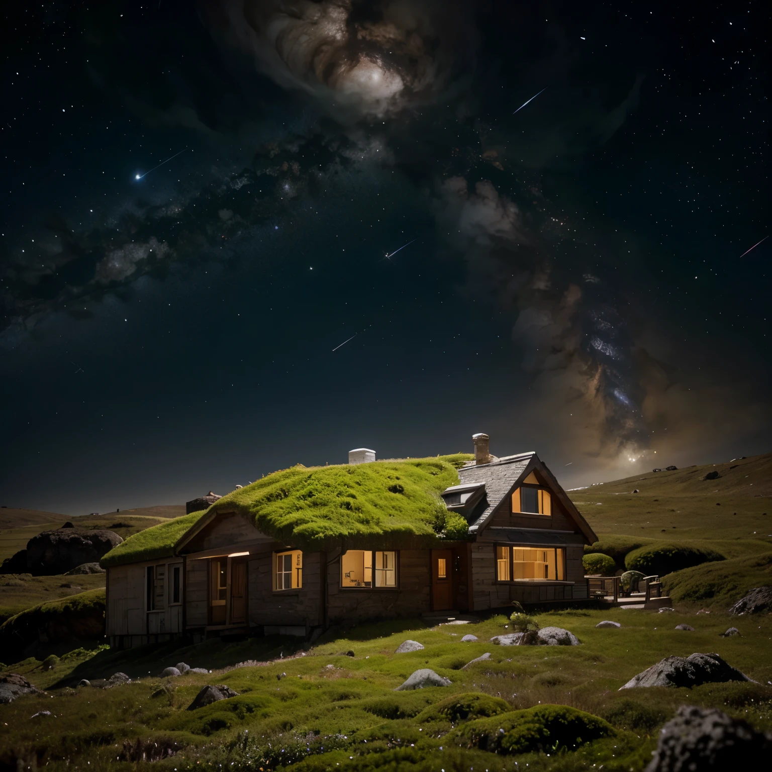 House made of sphagnum moss in space against the backdrop of the planets
