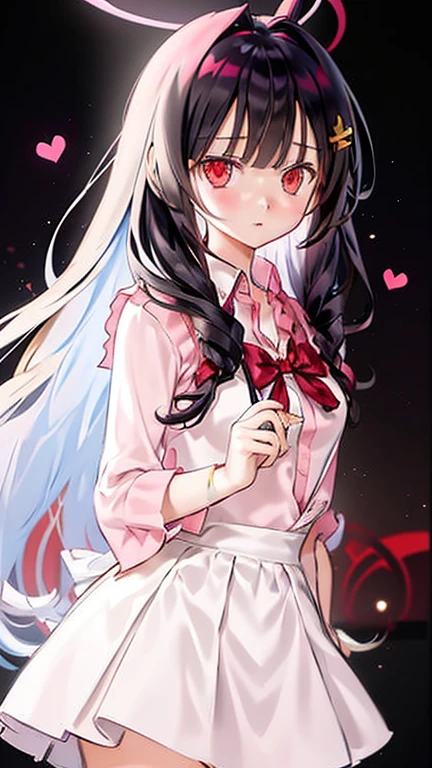 an anime woman is dressed up in a school girl outfit and is holding a letter, 1girl, black hair, solo, breasts, red eyes, long hair, shirt, large breasts, blush, looking at viewer, heart, hair ornament, halo, white shirt, collared shirt, bangs, hairclip, parted lips, holding, bra visible through clothes