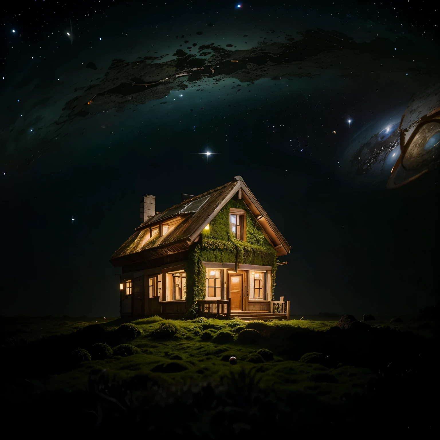 House made of sphagnum moss in space against the backdrop of the planets