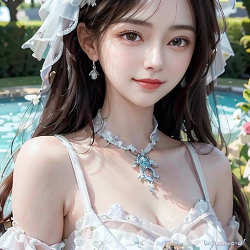 highest quality, ultra nothing, realistic, Photo of one beautiful woman, detailed face, Beautiful black hair, (detailed porcelain dolls,white dress with detailed details), Mansion Pool, (Close-up from the neck up), fascinating look, looking at the viewer, happy smile, Bright lighting, 