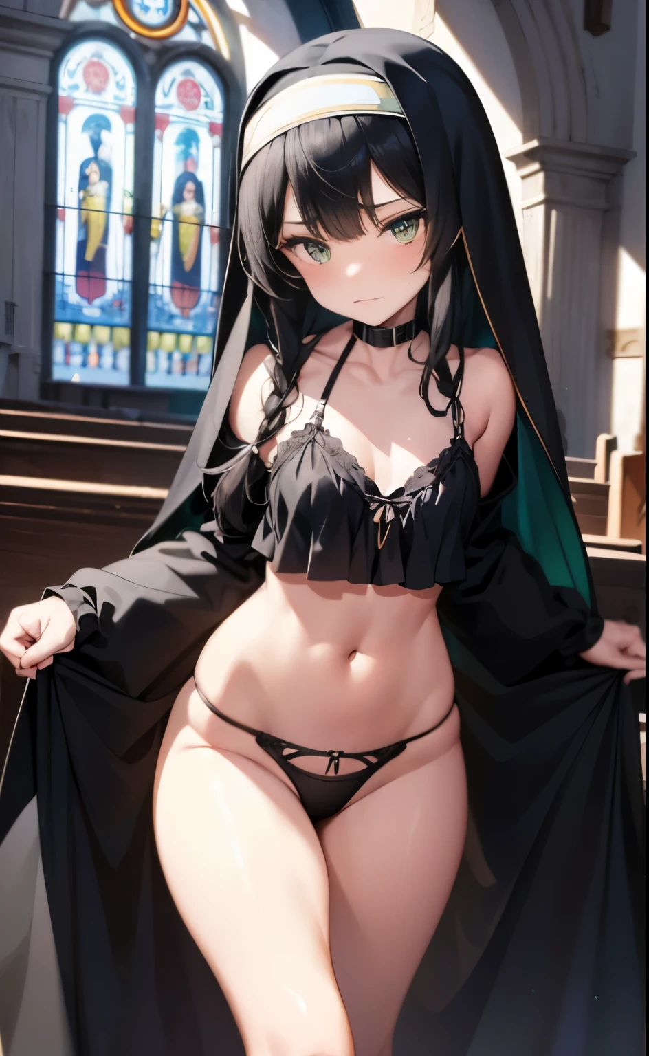 Ultra Detailed , girl , small girl , very long black hair braided, green eyes , disgusted smug , body , nun's , black angel wings , seios planos , hands praying , lingerie thong , garterbelt meias longas , inocente , church .