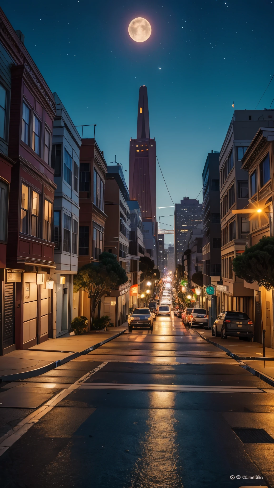 night in the city of san francisco, estados unidos, lua cheia, melhor fotografia, obra prima, 8k