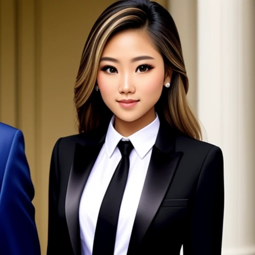 Beautiful blonde hair brown eyes half Filipina half America young woman realistic dressed to impress, tuxedo, no tie, dress pants, suit top, buttons undone