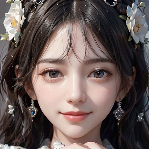 highest quality, ultra nothing, realistic, Photo of one beautiful woman, detailed face, Beautiful black hair, (detailed porcelain dolls,white dress with detailed details), Mansion Pool, (Close up of face from neck), fascinating look, looking at the viewer, happy smile, Bright lighting, 10 years old