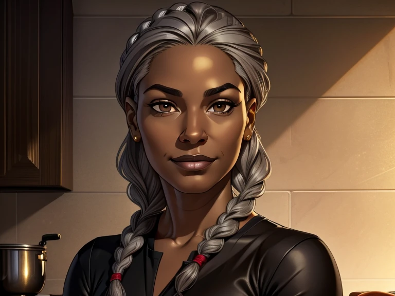 masterpiece, best quality, realistic, 1woman, female, quiet and charming , 45year old, a smirk, closed mouth, gold skin, portrait, extremely detailed face, cold and smirk, casual outfit, ((black skin)) ((dark brown eyes)), ((braided hair)),((gray hair)), [thick eyebrows], ((civilian)), dim light, evil, Kitchen background