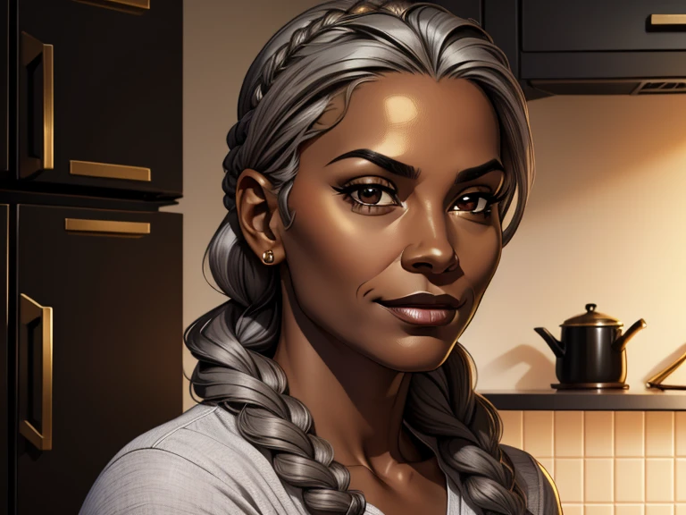 masterpiece, best quality, realistic, 1woman, female, quiet and charming , 45year old, a smirk, closed mouth, gold skin, portrait, extremely detailed face, cold and smirk, casual outfit, ((black skin)) ((dark brown eyes)), ((braided hair)),((gray hair)), [thick eyebrows], ((civilian)), dim light, evil, Kitchen background
