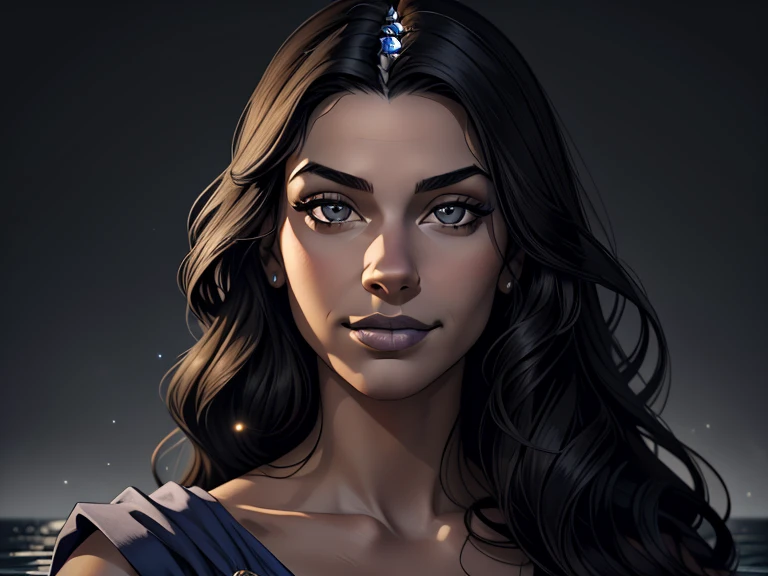 masterpiece, best quality, realistic, 1girl , quiet and charming , 23 year old, a smirk, closed mouth, ((black skin)), round nose, portrait, extremely detailed face, cold and smirk, ((light gray eyes)), ((Black long hair)), [thick eyebrows], ((princess)), blue royal dress, dim light, water background