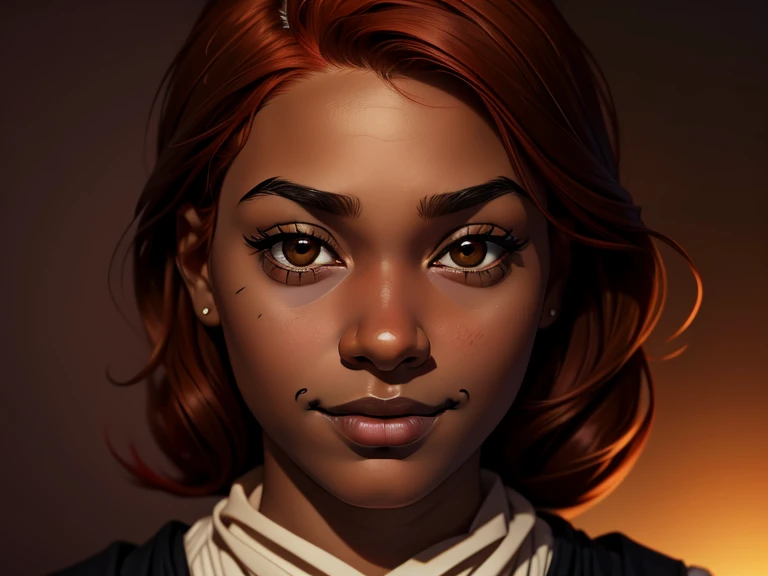 masterpiece, best quality, realistic, 1girl , quiet and charming , 13 year old, a smirk, closed mouth, ((black skin)), round nose, portrait, extremely detailed face, cold and smirk, ((baby face)), ((dark brown eyes)), ((Red hair)), [thick eyebrows], ((peasant)), dim light, Taylor background
