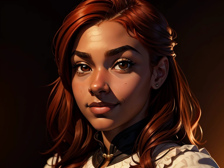 masterpiece, best quality, realistic, 1girl , quiet and charming , 13 year old, a smirk, closed mouth, ((black skin)), round nose, portrait, extremely detailed face, cold and smirk, ((baby face)), ((dark brown eyes)), ((Red hair)), [thick eyebrows], ((peasant)), dim light, Taylor background