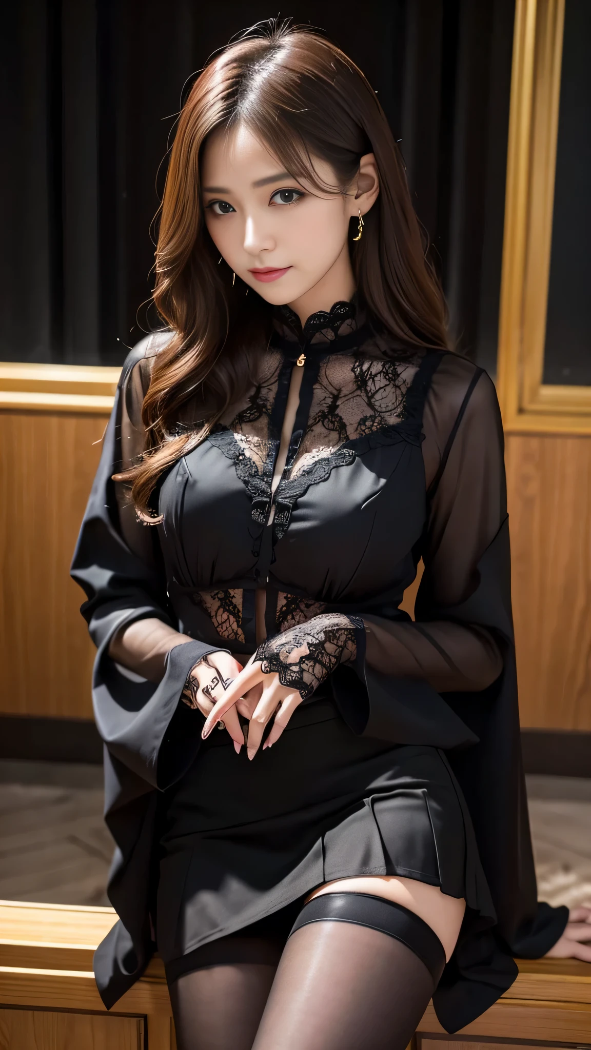 Super detailed、Japanese、charming beauty、seductive adult woman、Dainty woman、sharp eyes、cool girl、wavy hair、suit、Black chiffon、lacy fabric、wide sleeve、Jacket、white blouse、flare skirt、pantyhose、Shiny legs、evilの幹部、evil depravity、brainwashing、Mind control、left hand holding lips、grin、邪evilなな表情、evil、empty eyes、邪evilな、Church of Darkness、seductive pose、