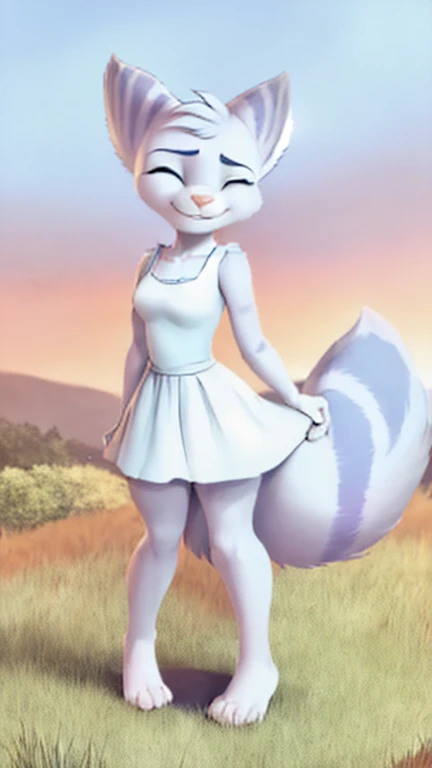 Furry Rivetlombax posing in an open field. (((She’s wearing a light blue sundress with a knee length skirt.))) (((Her tail emerges from a small hole in her dress.))) (((She is shown with two human feet, each with five toes.))) (((Her fluffy tail must be visible.))) (((She is shown doing a curtsy with a smile and her eyes closed.))) (((She is doing a curtsy with her hands holding her skirt and her legs slightly bent.))) (((She must be shown curtsying.)))