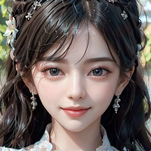 highest quality, ultra nothing, realistic, Photo of one beautiful woman, detailed face, Beautiful black hair, (detailed porcelain dolls,white dress with detailed details), Mansion Pool, (Close up of face from neck), fascinating look, looking at the viewer, happy smile, Bright lighting, 10 years old