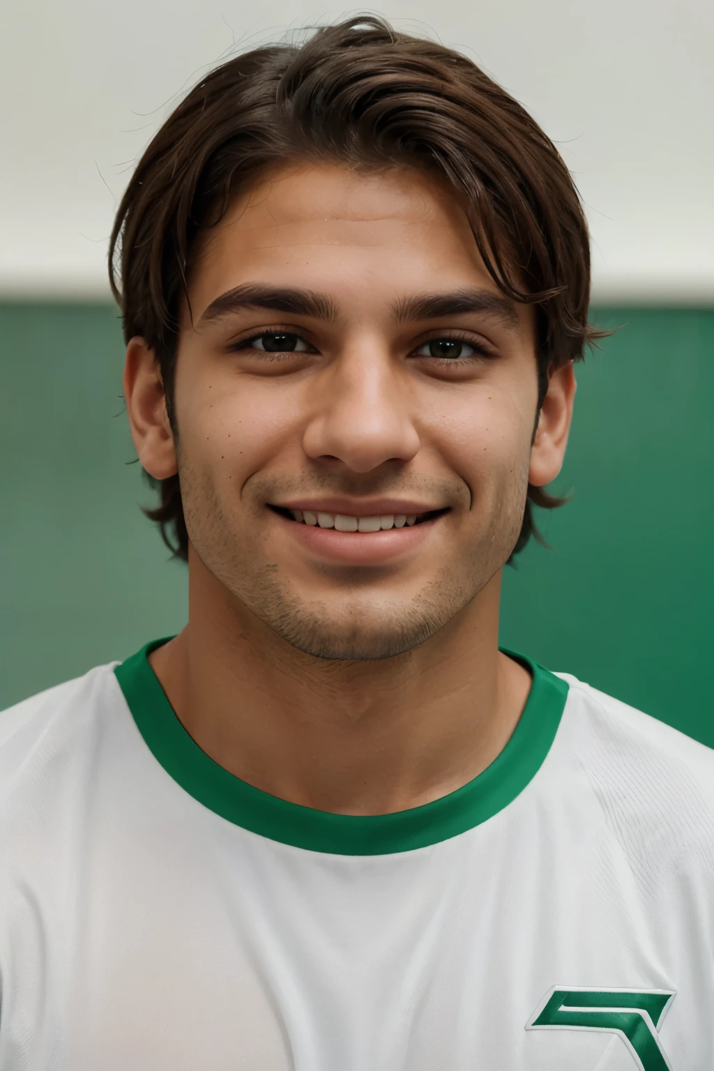 a frontal face portrait for a young brown armenian man with brown messy hair and smooth face, green eyes, athletic men, smiling, white background