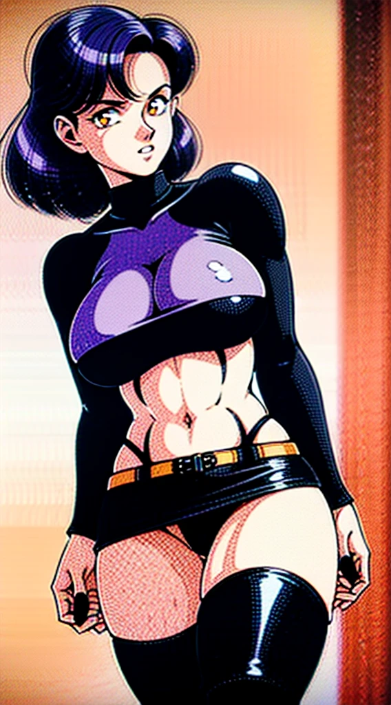 1990s, (masterpiece), high-definition, detailed face, girl, abs, (big tits: 1.4) big hips, messy (dark purple and blue hair), orange eyes, grey turtleneck sweater, jacket, (black tight skirt: 1.3), belt, (black thong: 1.4), thigh high stockings, boots, fishnet, city street, golden hour 