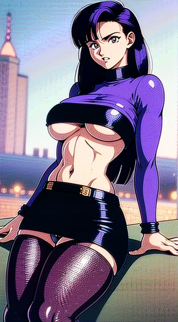 1990s, (masterpiece), high-definition, detailed face, girl, abs, (big tits: 1.4) big hips, messy (dark purple and blue hair), orange eyes, grey turtleneck sweater, jacket, (black tight skirt: 1.3), belt, (black thong: 1.4), thigh high stockings, boots, fishnet, city street, golden hour