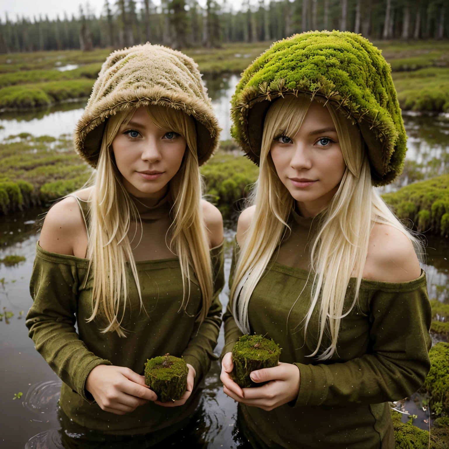 2 Beautiful blondes collecting sphagnum moss in the swamps of Siberia and wearing a moss hat