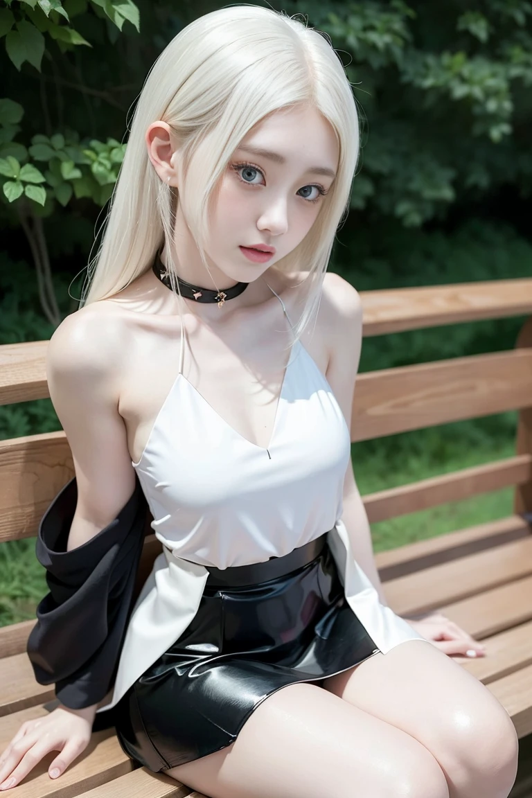 Close-up of a woman wearing a short skirt and top posing on a bench, seductive anime girls, Anime Girls Cosplay, japanese goddess, real life anime girls, Beautiful charming anime woman, Attractive anime girl, cgstation trends, anime goddess, anime cosplay, perfect android girl, OPPEIN, perfect white haired girl, sexy girl, sakimicchan