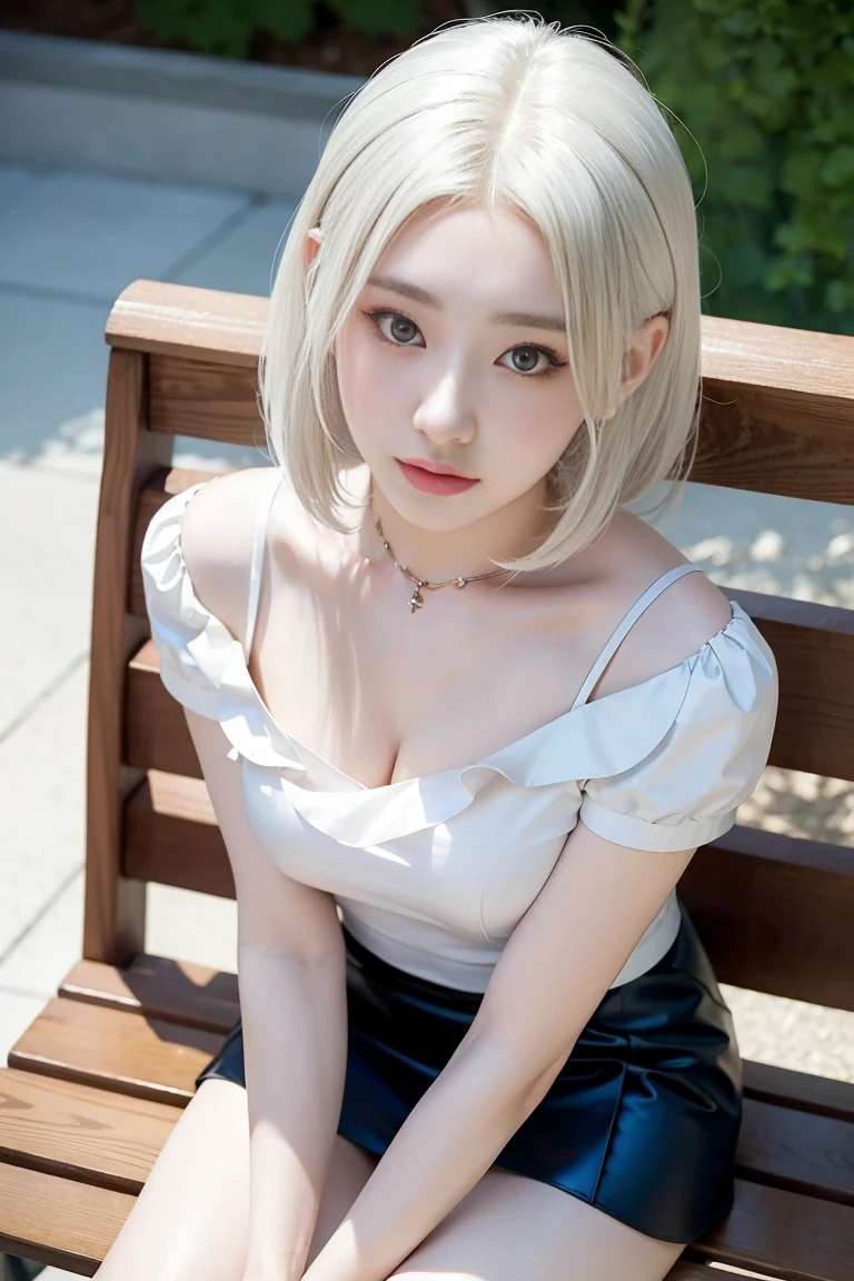 Close-up of a woman wearing a short skirt and top posing on a bench, seductive anime girls, Anime Girls Cosplay, japanese goddess, real life anime girls, Beautiful charming anime woman, Attractive anime girl, cgstation trends, anime goddess, anime cosplay, perfect android girl, OPPEIN, perfect white haired girl, sexy girl, sakimicchan