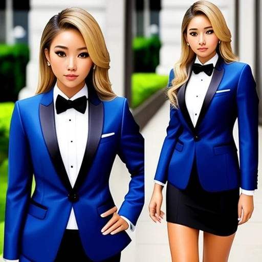 Beautiful blonde hair brown eyes half Filipina half America young woman realistic dressed to impress, blue tuxedo, no tie, dress pants, suit top, buttons undone
