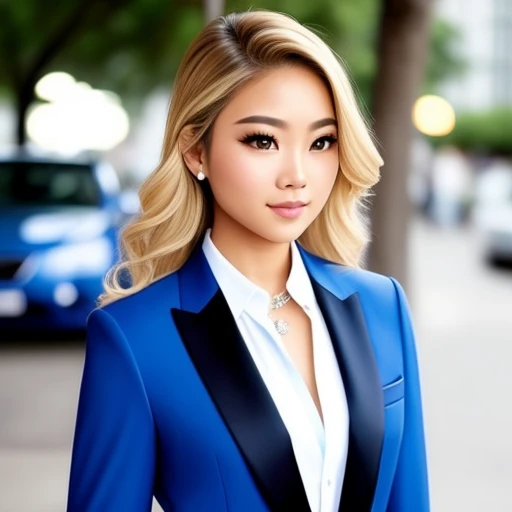 Beautiful blonde hair brown eyes half Filipina half America young woman realistic dressed to impress, blue tuxedo, no tie, dress pants, suit top, buttons undone