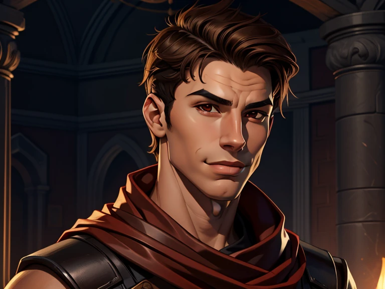 masterpiece, best quality, realistic, 1boy, male, quiet and charming young boy, 16 year old, a smirk, closed mouth, ((black skin)), portrait, extremely detailed face, cold and smirk, ((brown eyes)), ((short sleek brown hair)), [thick eyebrows], Little hair on his chin, dark palace, red scarf on neck ((civilian)), dim light, evil, graden background