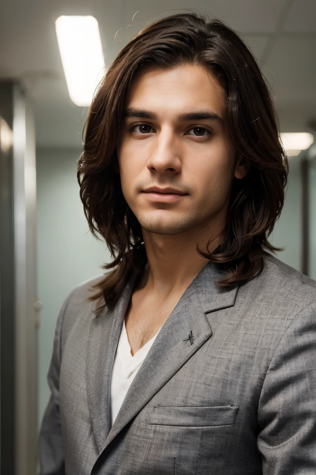 professional male resume photo for job with medium sized hair photorealistic and 8k resolution hyper realistic, image of boy with medium sized hair in professional attire, about 25 years old male,