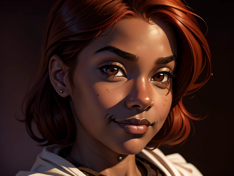 masterpiece, best quality, realistic, 1girl , quiet and charming , 13 year old, a smirk, closed mouth, ((black skin)), round nose, portrait, extremely detailed face, cold and smirk, ((baby face)), ((dark brown eyes)), ((Red hair)), [thick eyebrows], ((peasant)), dim light, Taylor background