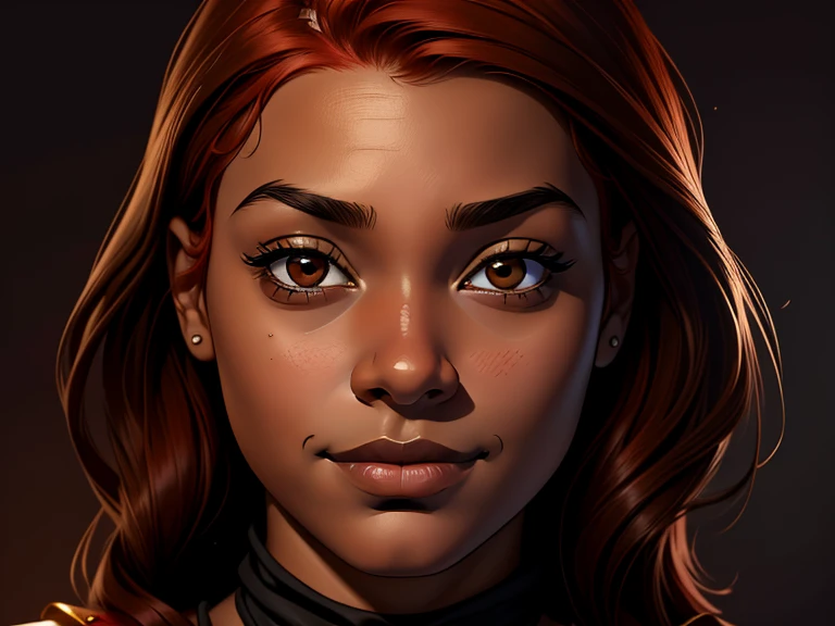 masterpiece, best quality, realistic, 1girl , quiet and charming , , a smirk, closed mouth, ((black skin)), round nose, portrait, extremely detailed face, cold and smirk, ((baby face))brown eyes)), ((Red hair)), [thick eyebrows], ((peasant)), dim light, Taylor background