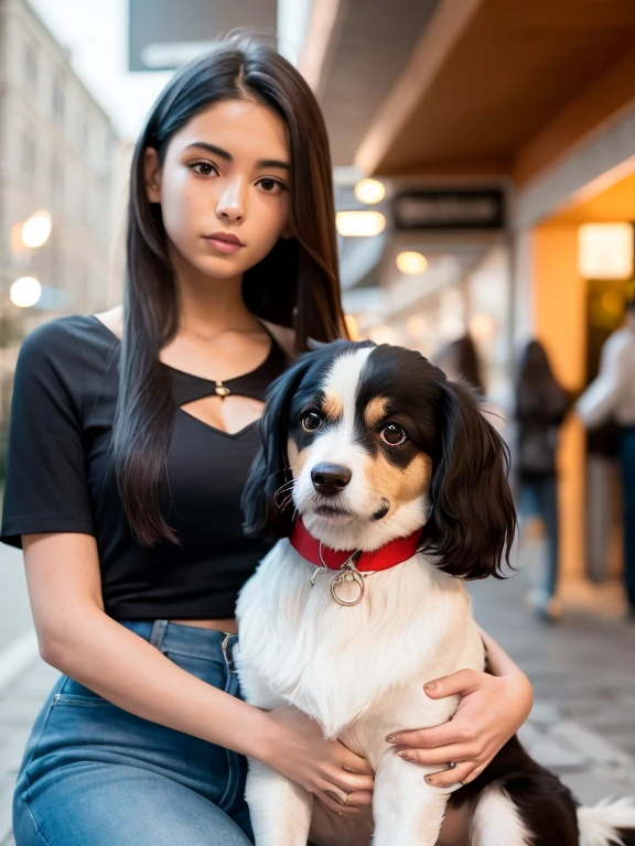 (8k, melhor qualidade, obra de arte:1.2), (realista, photo-realista:1.37), ultra-detalhado,
1 girl with long black hair holding a poodle dog with white fur, the dog is on her lap, the poodle wears a red bandana around its neck, Bonitinho, Sozinho,Beautiful detailed sky,detailed café,sentado, the girl is with her boyfriend next to her they are wearing shiny leather clothes,(nariz corado),(sorriso:1.15),(boca fechada) seios pequenos,lindos olhos detalhados, colarinho shir, casaco de couro preto jack, white bow, estrangulamento preto ,
(medium long hair:1.2),cabelo flutuante ,Estilo NovaFrog, Pele branca,cinematic light, Night square atmosphere,public lighting flowers foliage shrubs