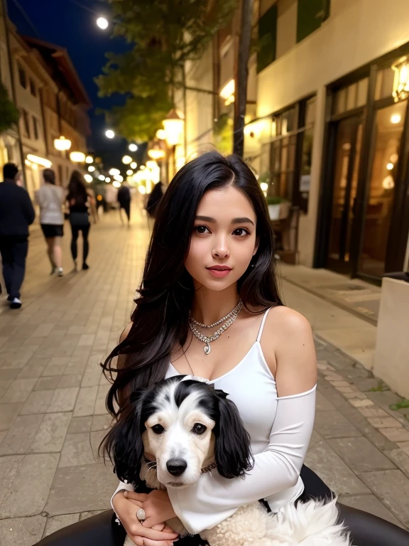 (8k, melhor qualidade, obra de arte:1.2), (realista, photo-realista:1.37), ultra-detalhado, 
1 girl with long black hair holding a poodle dog with white fur, the dog is on her lap, the poodle wears a red bandana around its neck, Bonitinho, Sozinho,Beautiful detailed sky,detailed café,sentado, the girl is with her boyfriend next to her they are wearing shiny leather clothes,(nariz corado),(sorriso:1.15),(boca fechada) seios pequenos,lindos olhos detalhados, colarinho shir, casaco de couro preto jack, white bow, estrangulamento preto ,
(medium long hair:1.2),cabelo flutuante ,Estilo NovaFrog, Pele branca,cinematic light, Night square atmosphere,public lighting flowers foliage shrubs