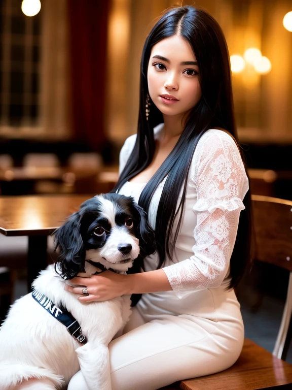 (8k, melhor qualidade, obra de arte:1.2), (realista, photo-realista:1.37), ultra-detalhado,
1 girl with long black hair holding a poodle dog with white fur, the dog is on her lap, the poodle wears a red bandana around its neck, Bonitinho, Sozinho,Beautiful detailed sky,detailed café,sentado, the girl is with her boyfriend next to her they are wearing shiny leather clothes,(nariz corado),(sorriso:1.15),(boca fechada) seios pequenos,lindos olhos detalhados, colarinho shir, casaco de couro preto jack, white bow, estrangulamento preto ,
(medium long hair:1.2),cabelo flutuante ,Estilo NovaFrog, Pele branca,cinematic light, Night square atmosphere,public lighting flowers foliage shrubs