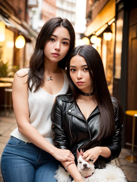 (8k, melhor qualidade, obra de arte:1.2), (realista, photo-realista:1.37), ultra-detalhado,
1 girl with long black hair holding a poodle dog with white fur, the dog is on her lap, the poodle wears a red bandana around its neck, Bonitinho, Sozinho,Beautiful detailed sky,detailed café,sentado, the girl is with her boyfriend next to her they are wearing shiny leather clothes,(nariz corado),(sorriso:1.15),(boca fechada) seios pequenos,lindos olhos detalhados, colarinho shir, casaco de couro preto jack, white bow, estrangulamento preto ,
(medium long hair:1.2),cabelo flutuante ,Estilo NovaFrog, Pele branca,cinematic light, Night square atmosphere,public lighting flowers foliage shrubs